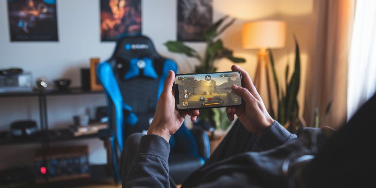 Un joueur utilise Xbox Cloud Gaming sur smartphone dans un salon