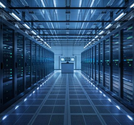 Intérieur d'un data center moderne avec des serveurs et des lumières LED